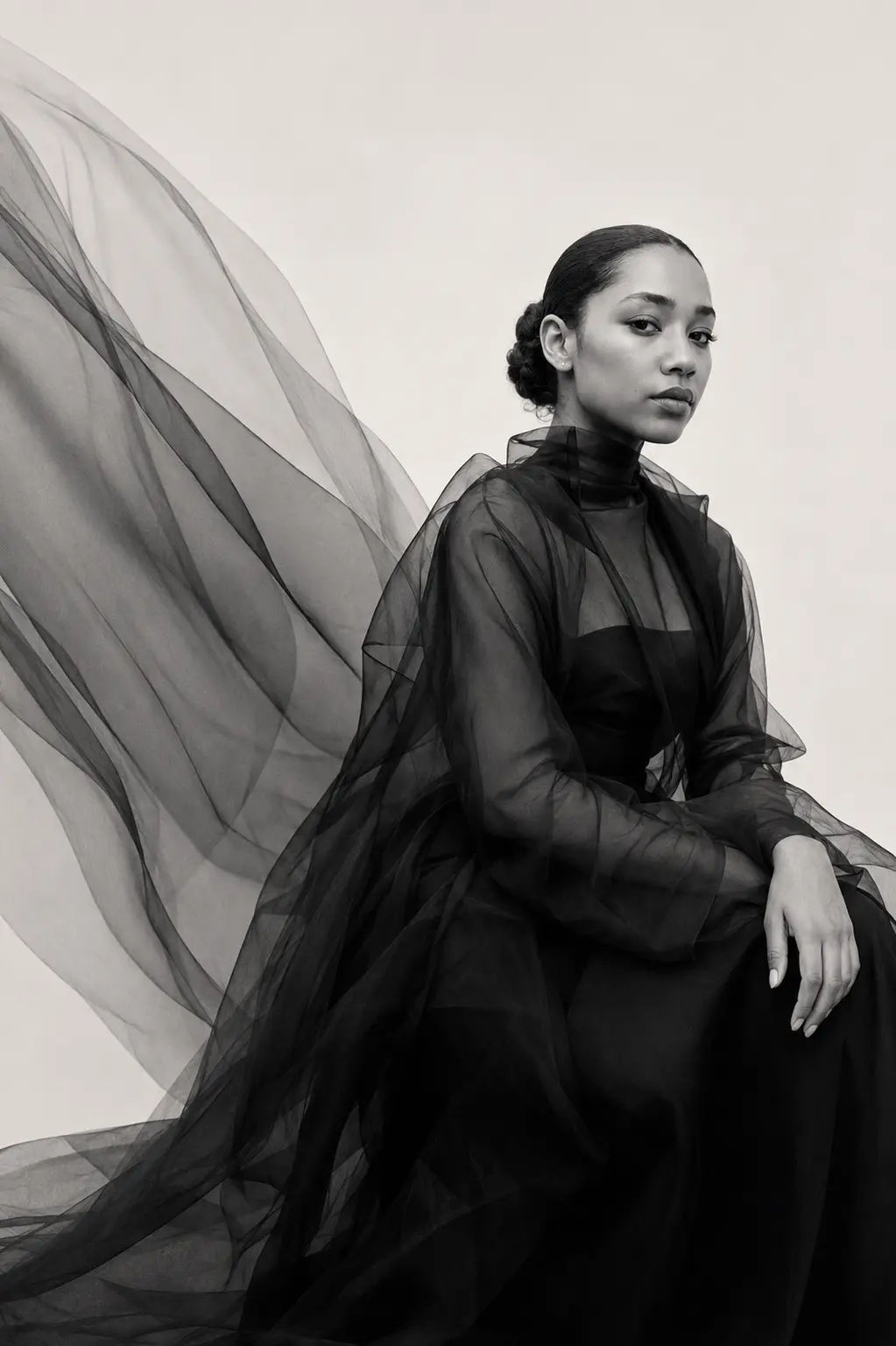 Portrait éditorial de Morgane Combes Defontis en organza noir